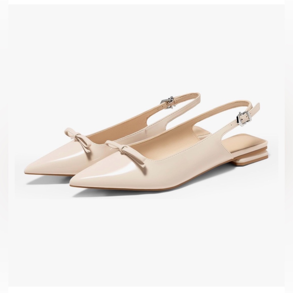 NIB NUDE BEIGE PATENT BOW FLATS SHOES-9.5M